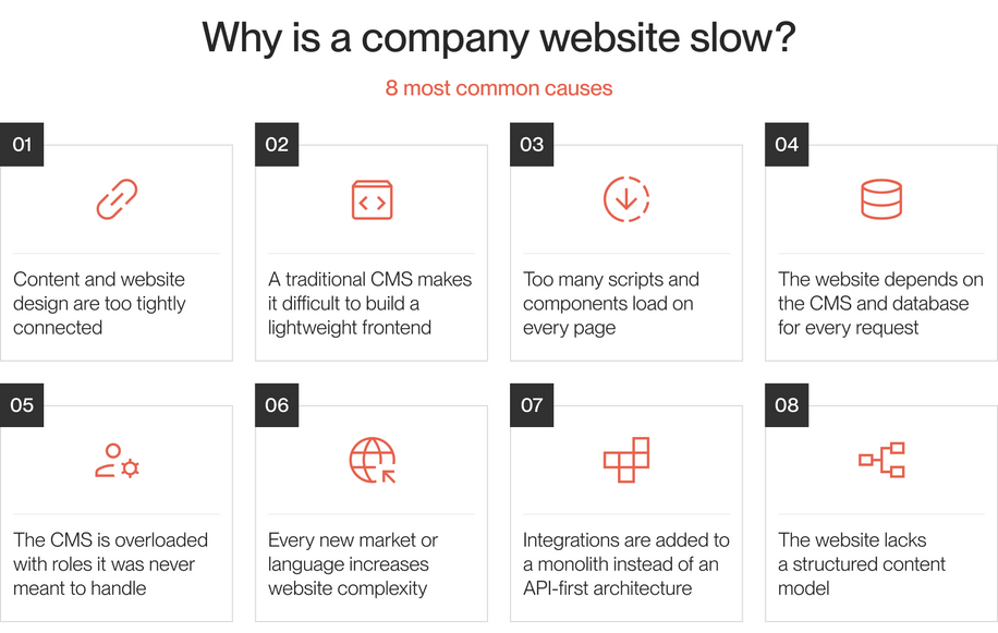 Infographic showing 8 common causes of a slow company website