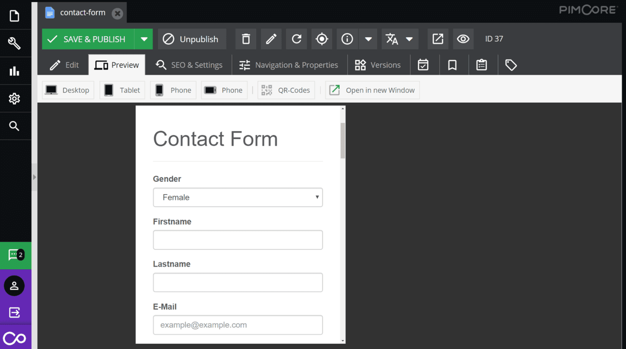 Pimcore CMS interface