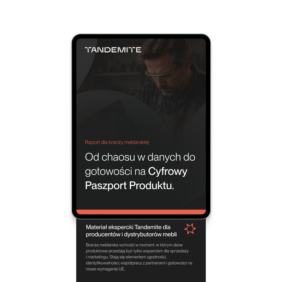 Tablet z okładką raportu Tandemite dla branży meblarskiej na temat przygotowania danych do Cyfrowego Paszportu Produktu