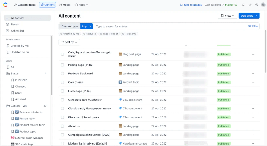Contentful CMS panel