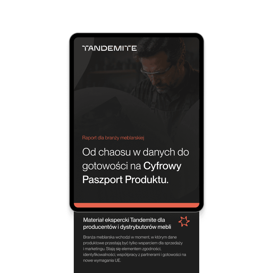 Tablet z okładką raportu Tandemite dla branży meblarskiej na temat przygotowania danych do Cyfrowego Paszportu Produktu