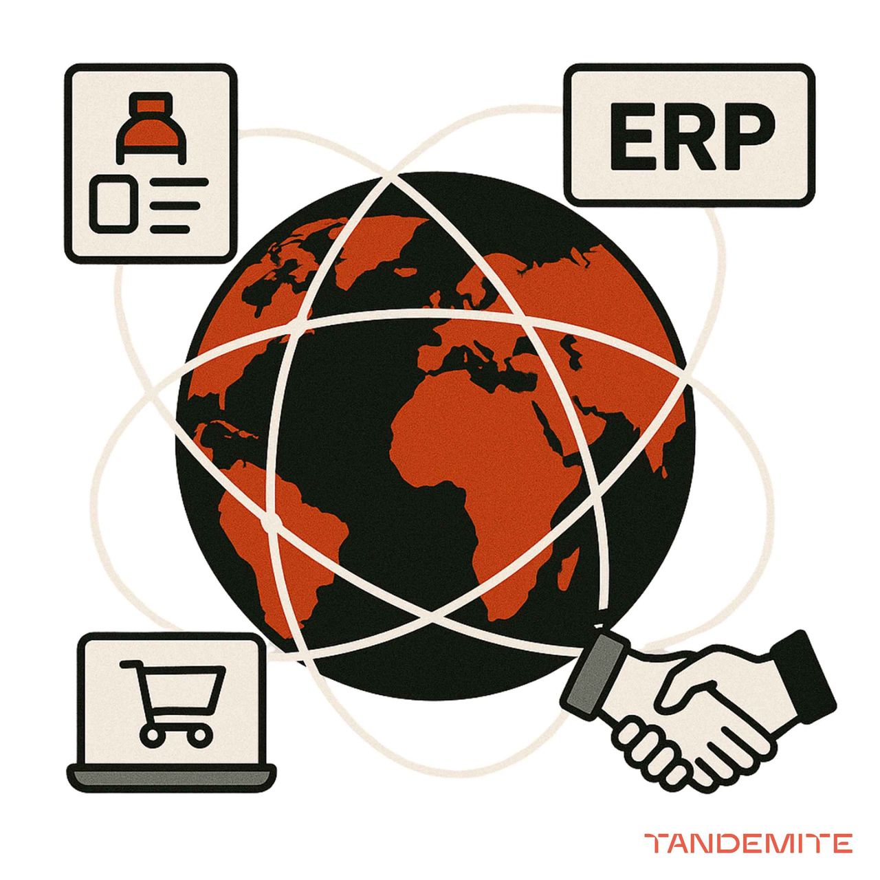 Why ZARYS adopted PIM. One central product database – and countless issues prevented - image2 globe with interconnected icons – product cards, ERP, e-commerce, teams shaking hands