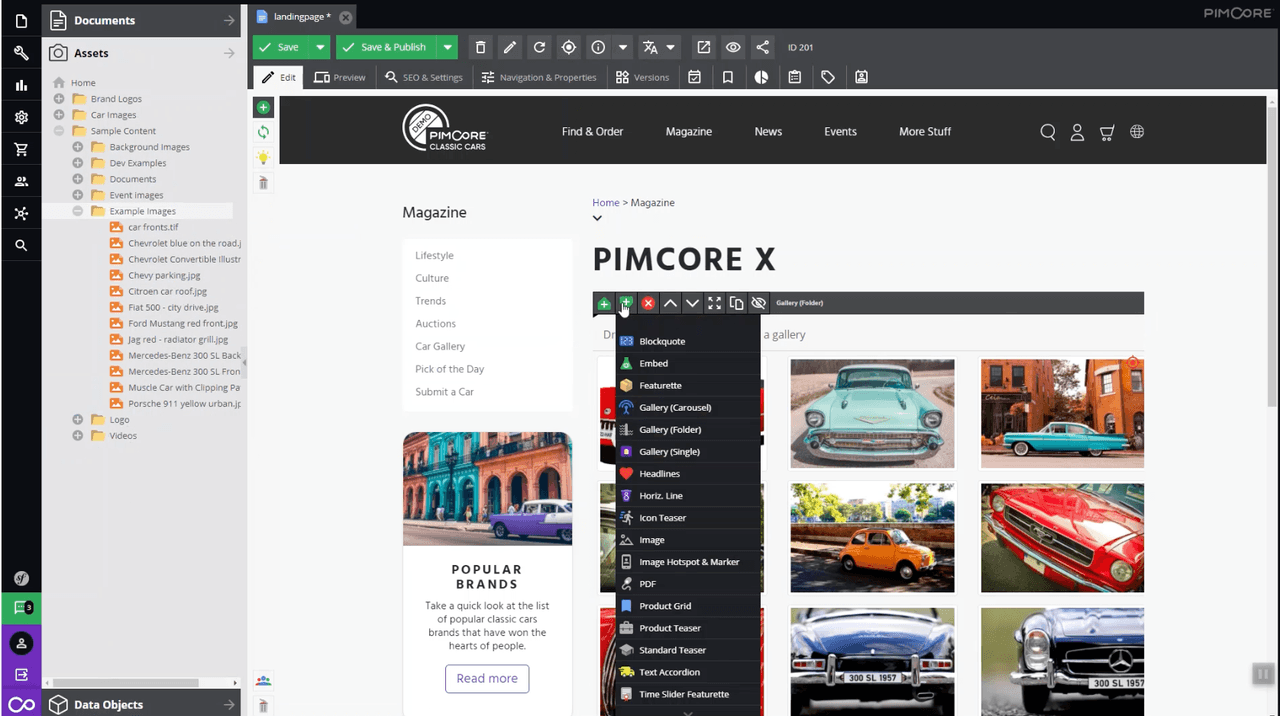 Pimcore CMS dashboard