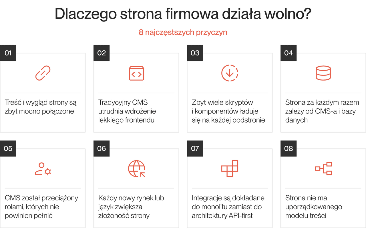 Infografika przedstawiająca 8 najczęstszych przyczyn wolnego działania strony firmowej,