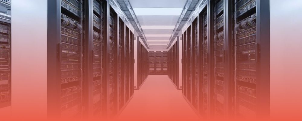 Rows of server racks in a modern data center, illustrating hosting infrastructure options for Akeneo PIM, including SaaS, managed hosting, and VPS