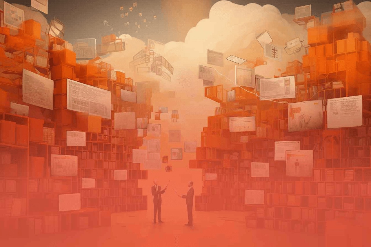 Abstract visualization of streamlined B2B eCommerce order management with digital documents, data flows, and business collaboration powered by Pimcore